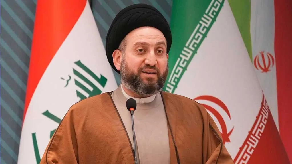 سید عمار حکیم در حال قرائت بیانیه درباره تحولات کرانه باختری